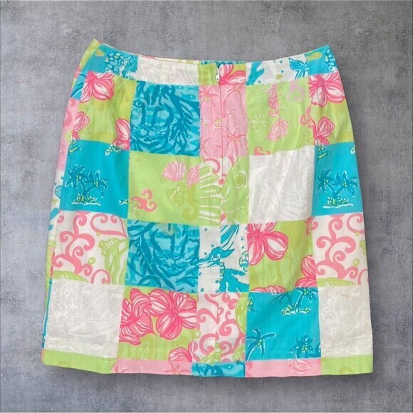 Lilly Pulitzer Patchwork Mini Skirt Women 2 Pink Blue Floral Boho Coastal Beach - Picture 3 of 7